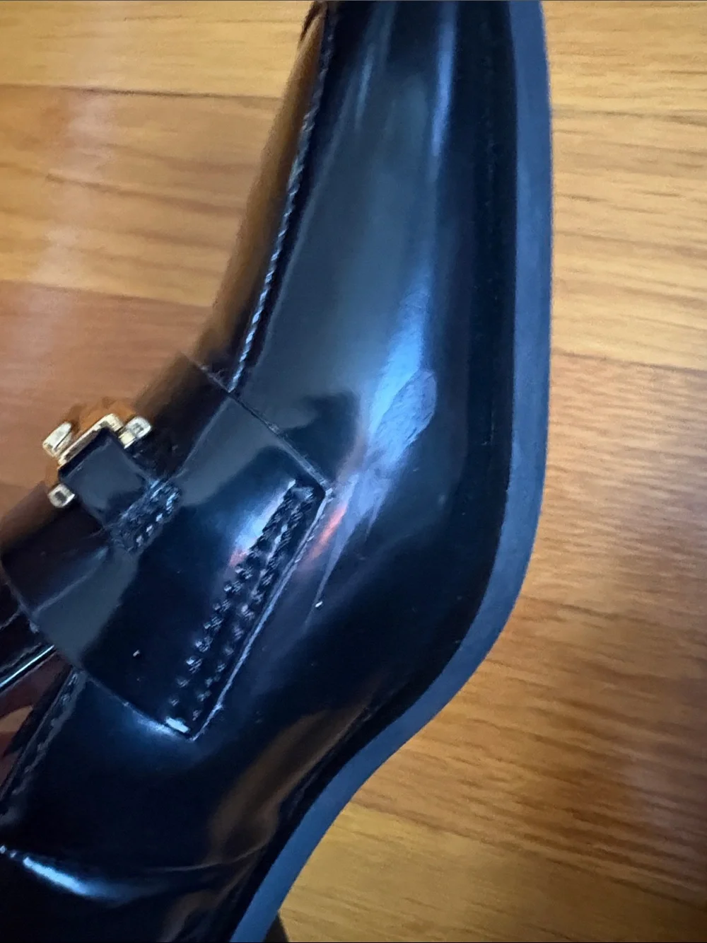 Franco Sarto Black Patent Leather Loafers with Gold Bit